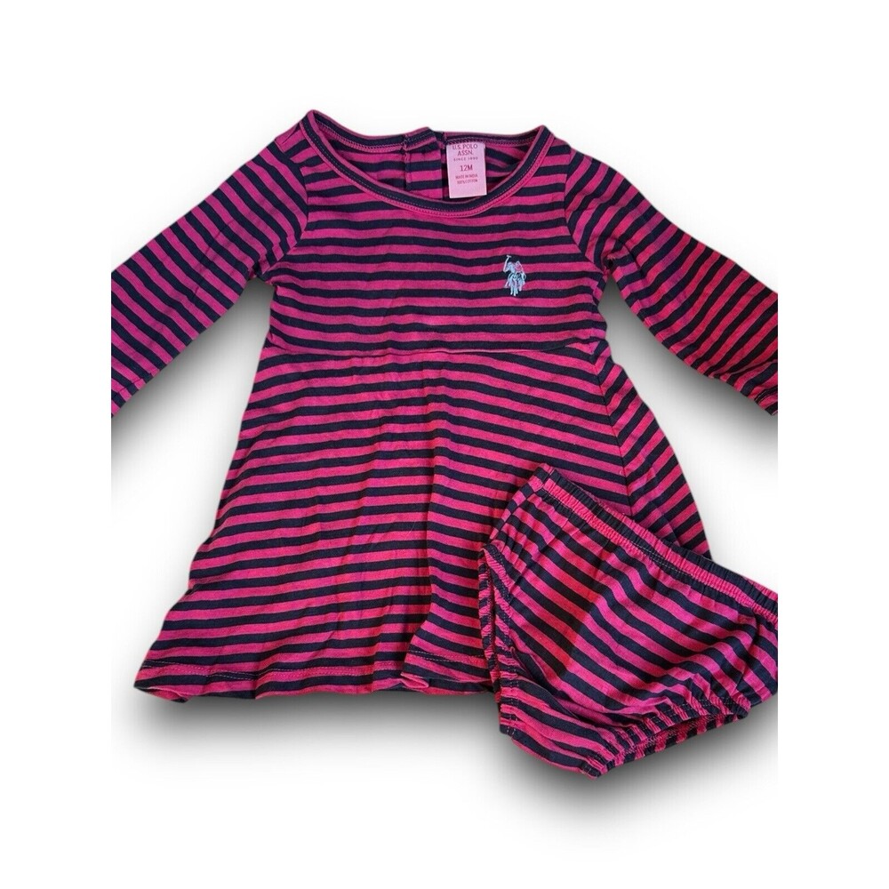 US POLO ASSN. SZ 12 Mo Pink/Navy‎ Blue Striped Dress With Diaper Cover. NWT